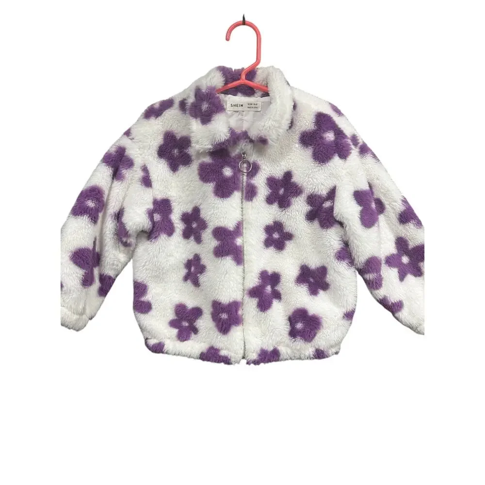 White and Purple Flower Fuzzy Coat - SHEIN - 4Y